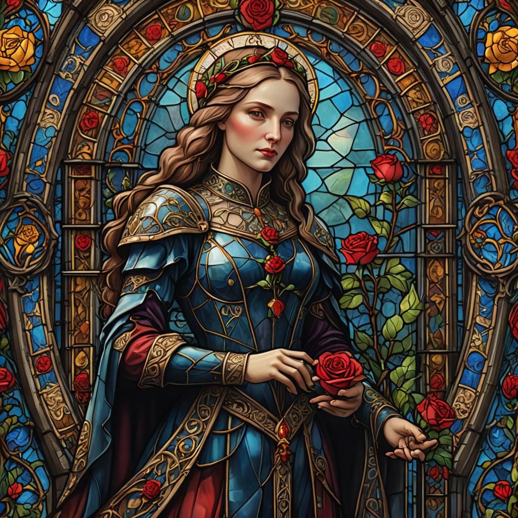 Medieval Stained Glass Saint Elizabeth with Rose