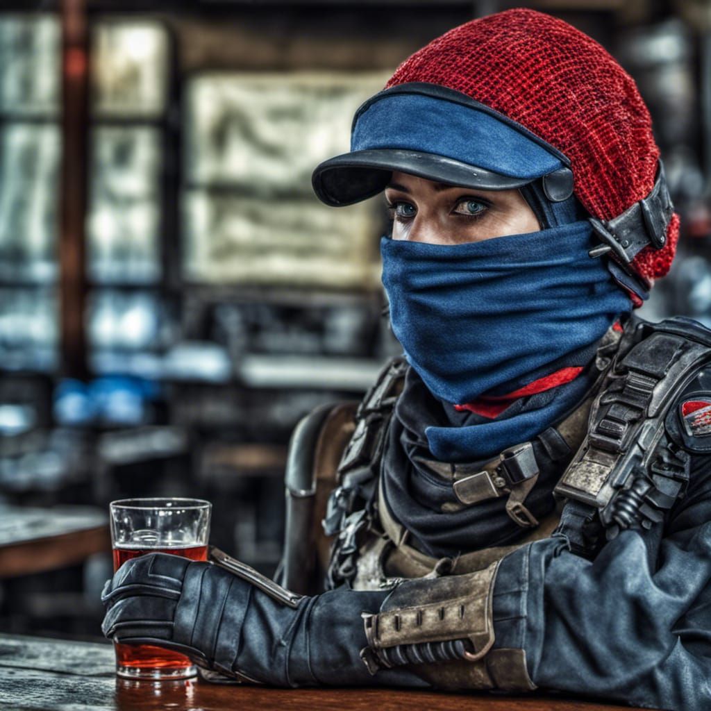Tired Mercenary Soldier Drinks at Bar in HDR