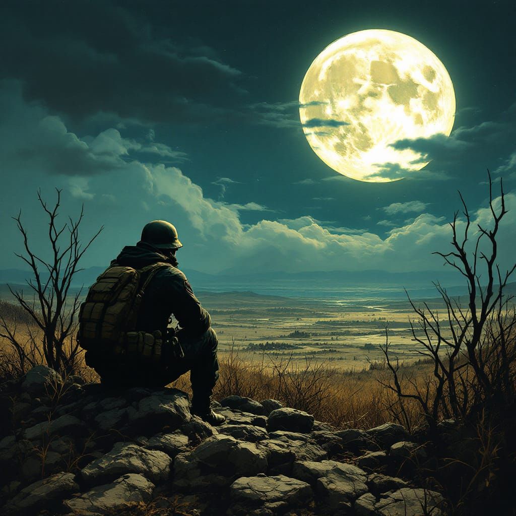 Private Ponders War on Moonlit Battlefield