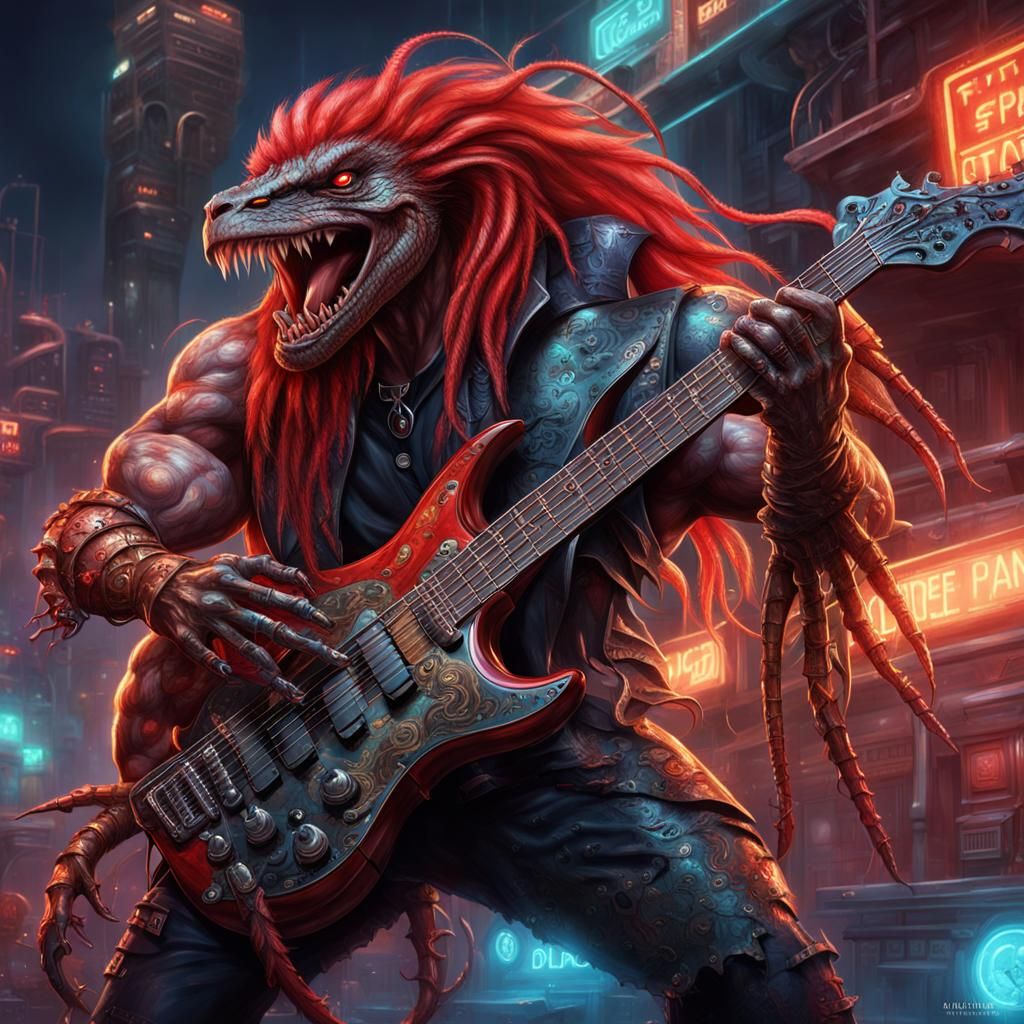 Steampunk Lizard-Creature Shreds Futuristic Guitar