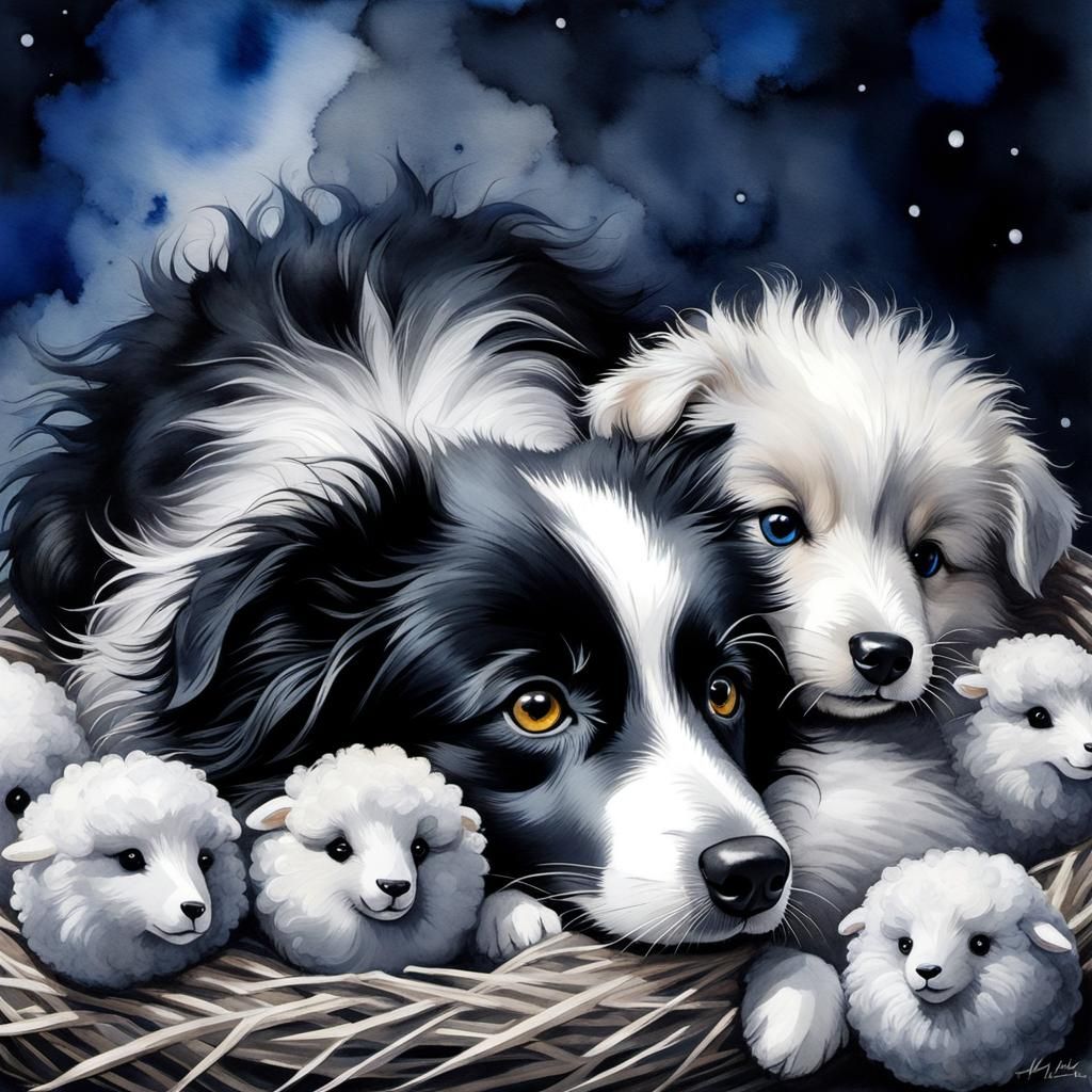 Border Collie in Nest of Toy Sheep, Watercolor Style