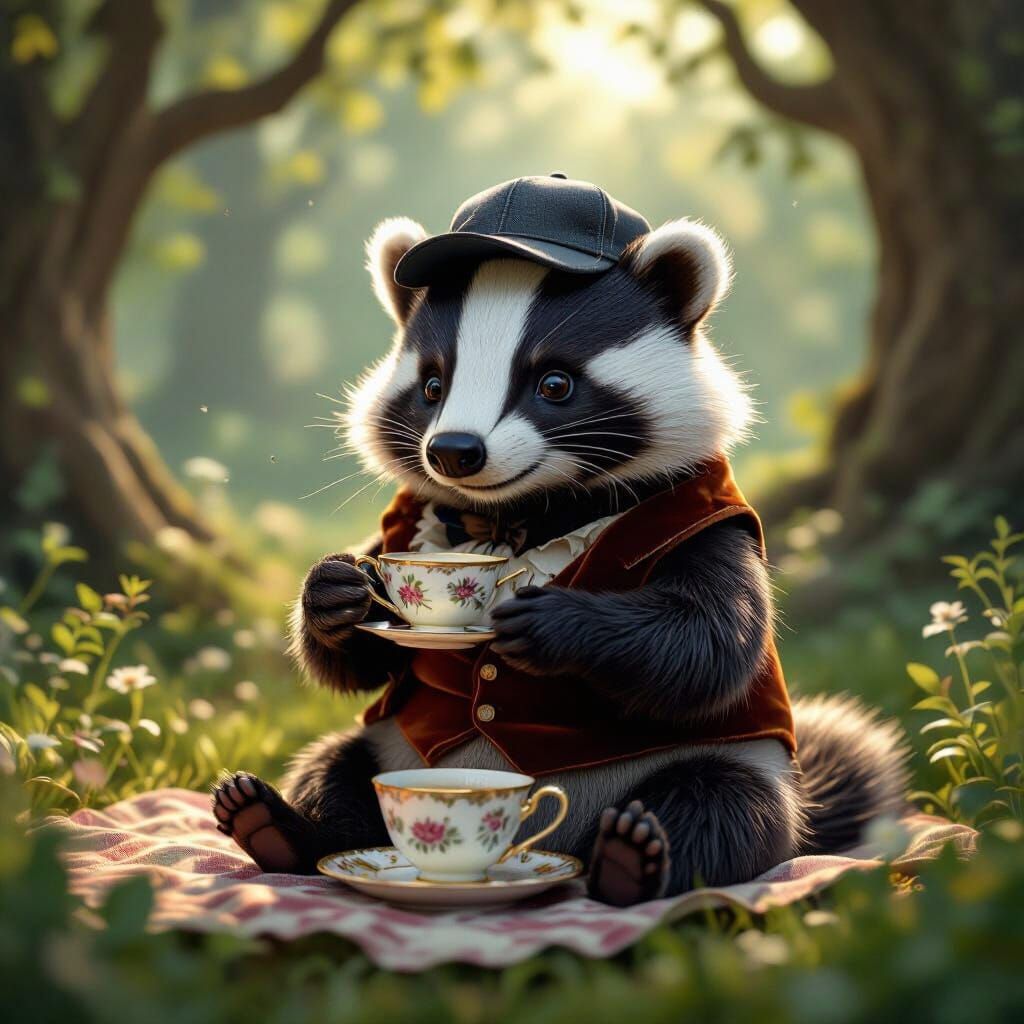 Badger Enjoys Tea in Enchanted Forest