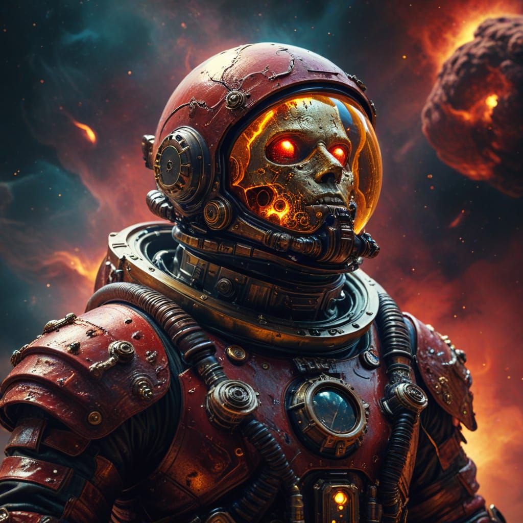 Astronaut on Alien Planet Gazing at Nebula, in Baroque Steam...