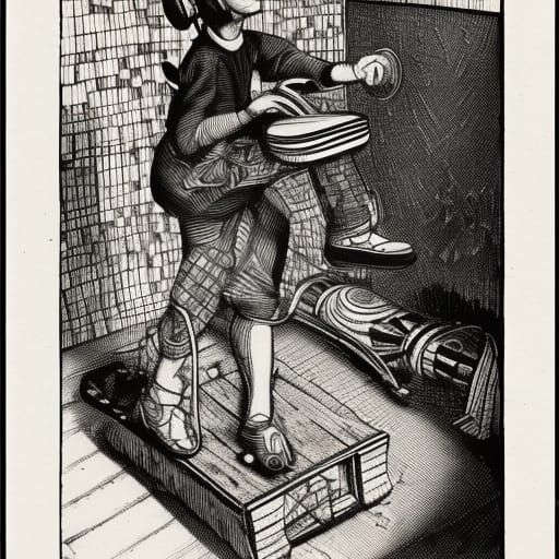 Artist Shows Skateboard Linocut Print in Black and White