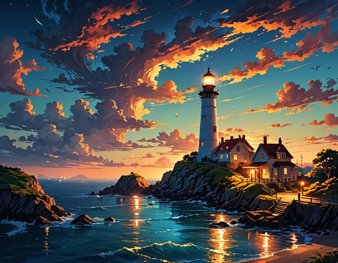 Lighthouse Seascape at Night with Fireflies
