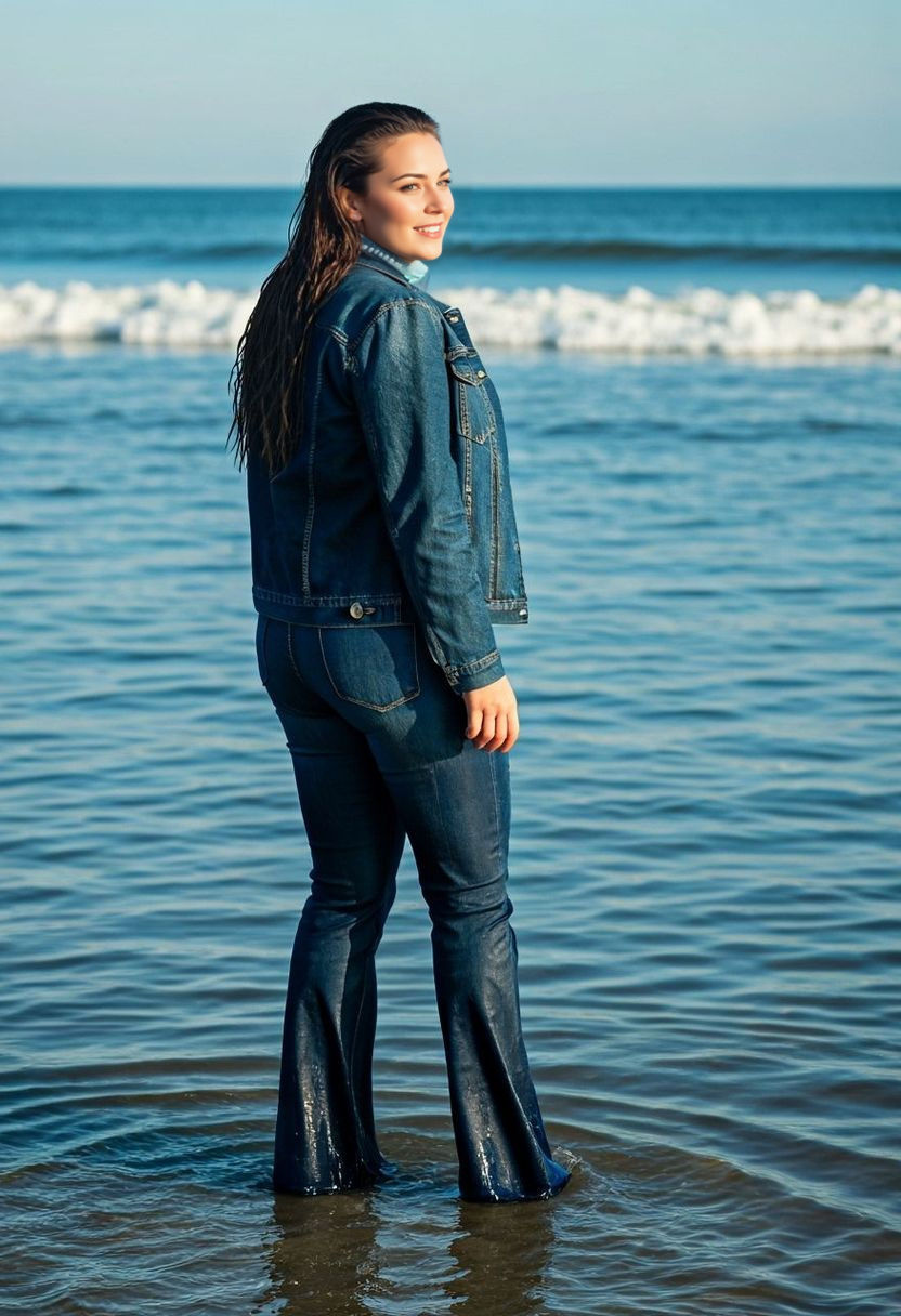 Woman Wades into Big Waves on Autumn Afternoon