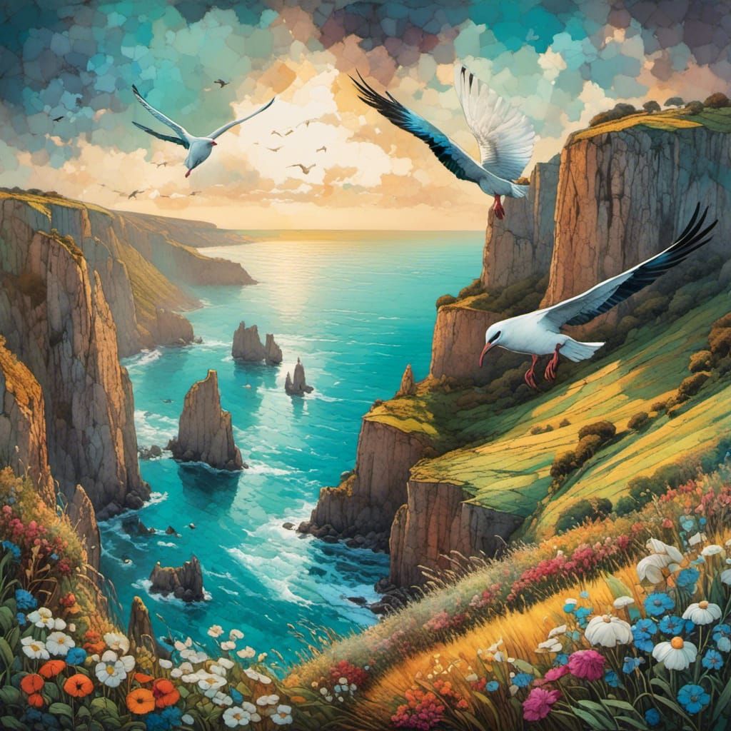 White Cliffs and Albatrosses in Gouache Style