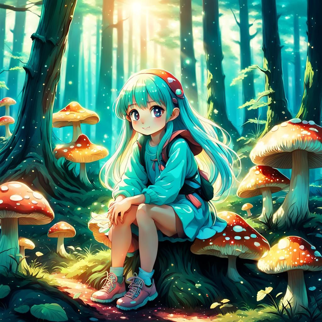 Anime Girl on Mushroom in Forest, Moe Style