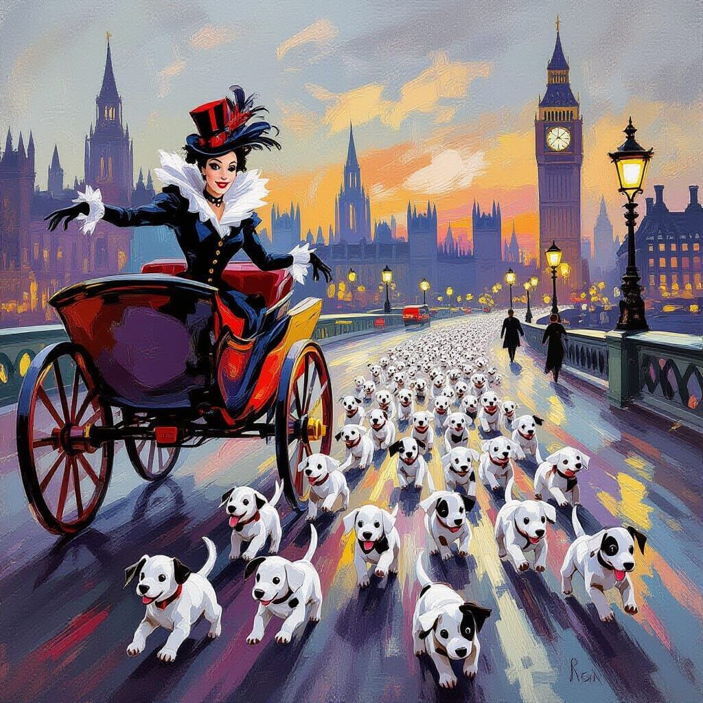 Impressionist '101 Dalmatians' Poster with Cruella and Puppi...