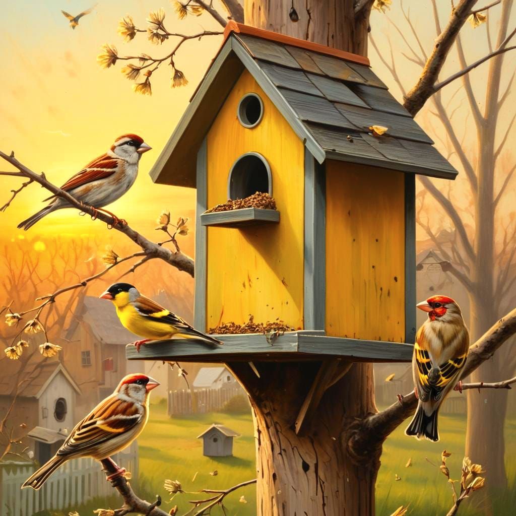 Birds at Birdhouse: Vintage Oil Painting Illustration