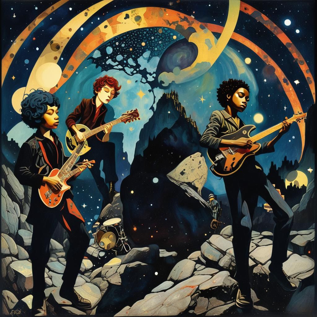 Kids' Rock Band in Cosmic Space, Illustrative Art