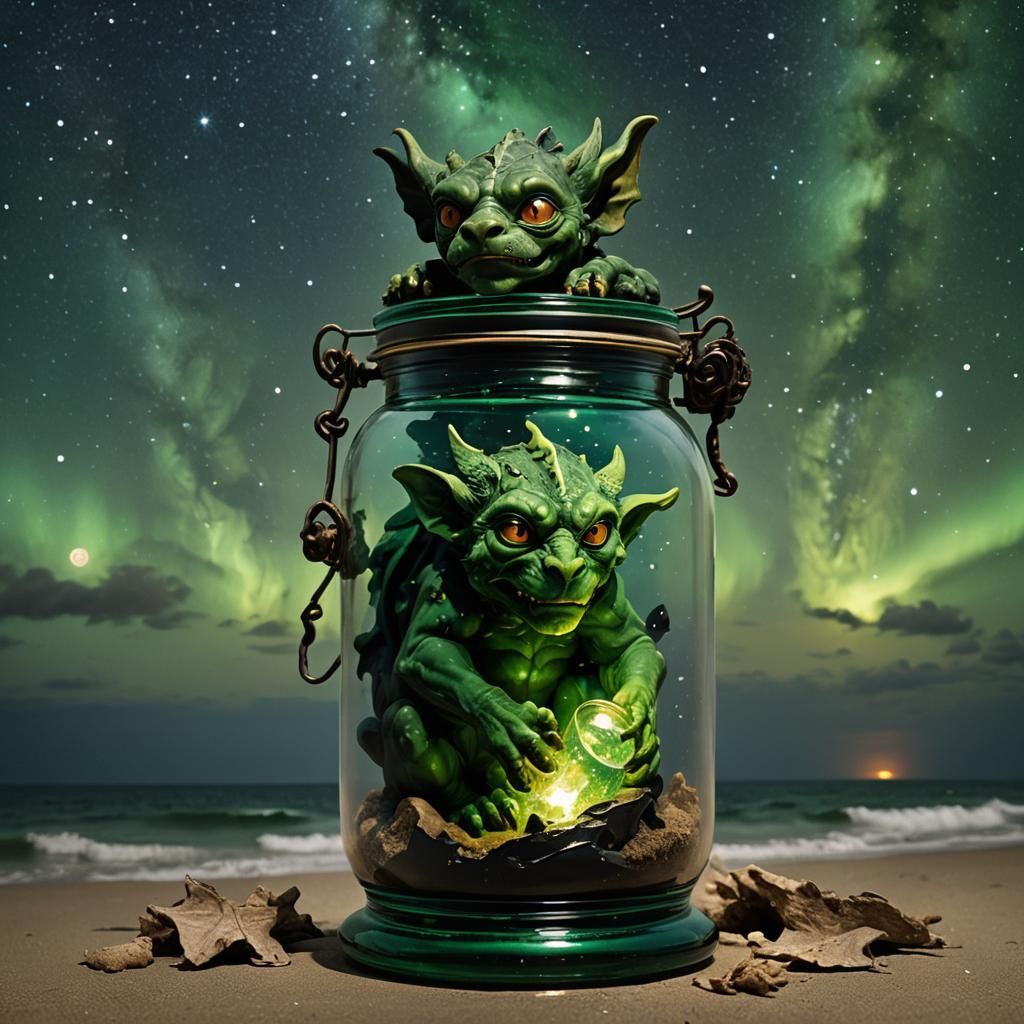 Gargoyle in Glass Jar Under Starry Sky