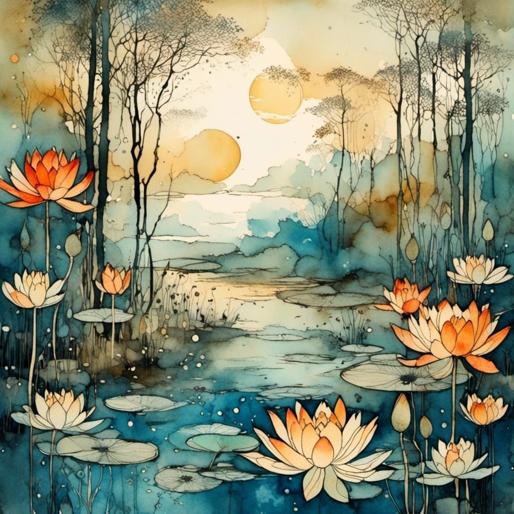 Blooming Lotus Pond Poster Art in Mixed Media Style