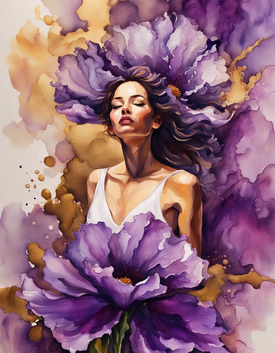 Woman Emerges from Flower: Impressionist Watercolor Painting