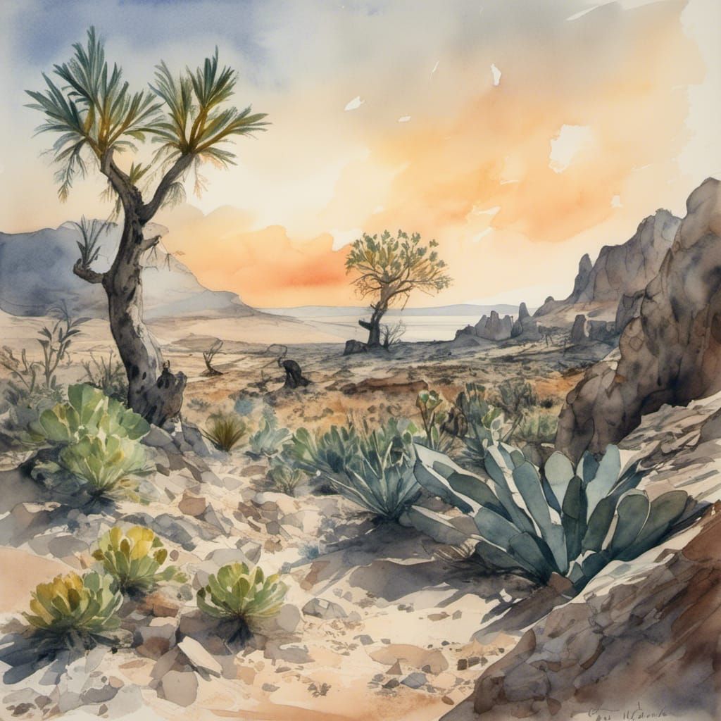 Watercolor Painting of a Vivid Alien Sunset Landscape