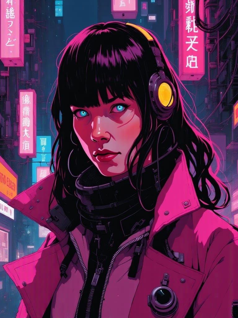 Cyberpunk Inventor in Neon-Lit Black Market Alley