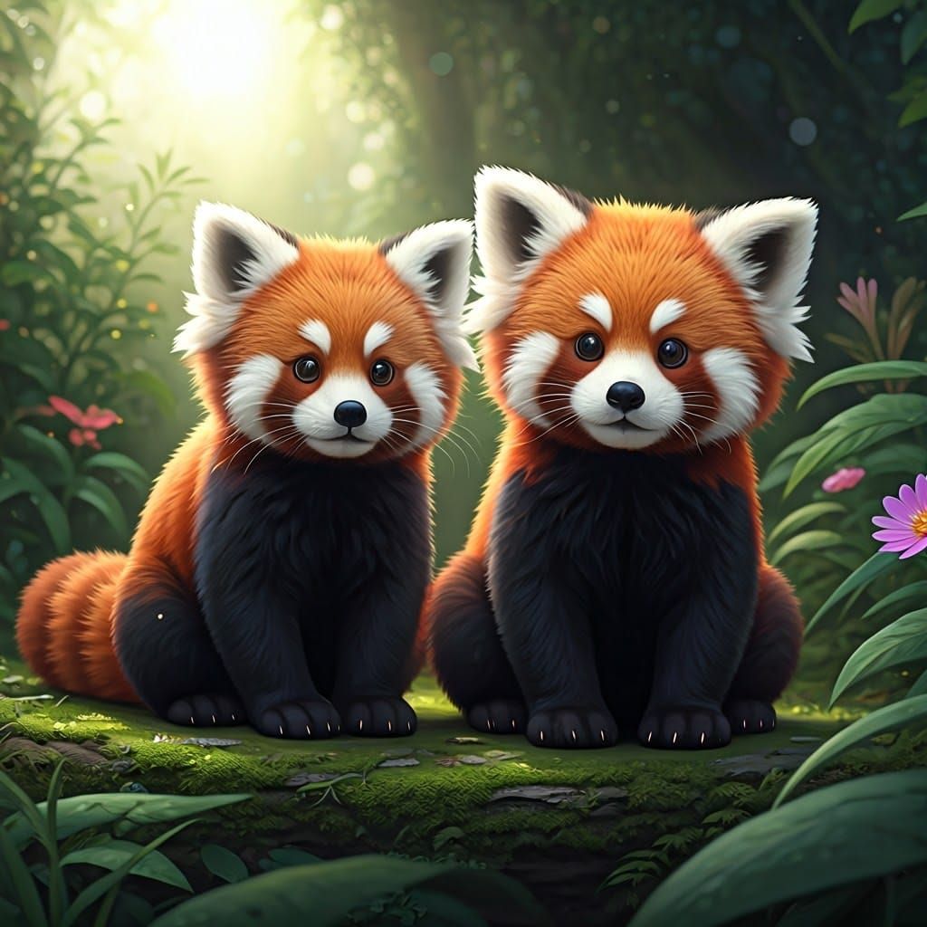 Whimsical Red Panda Duo in Dreamlike Setting