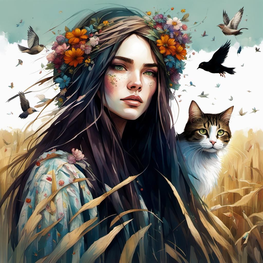 Girl with her cat in the hay field