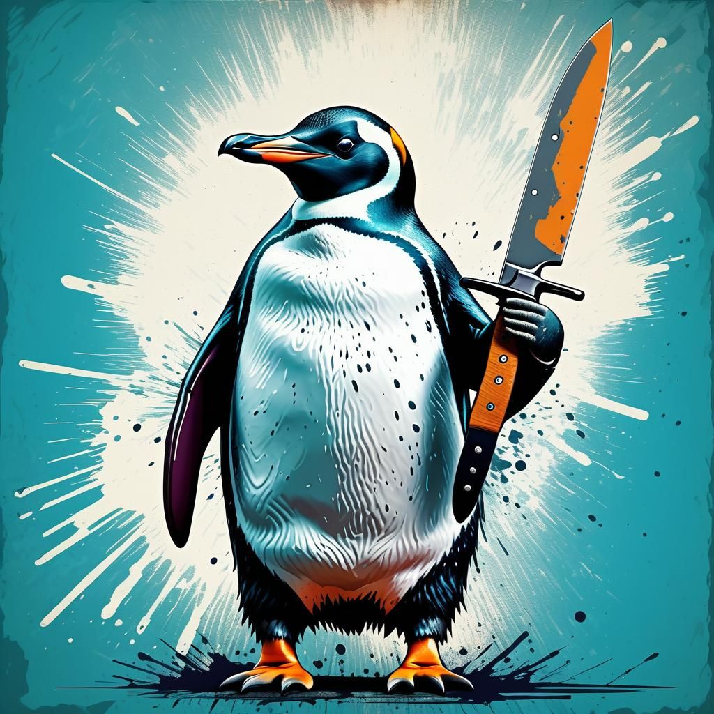 Penguin with Knife in Pop Art Grunge Style