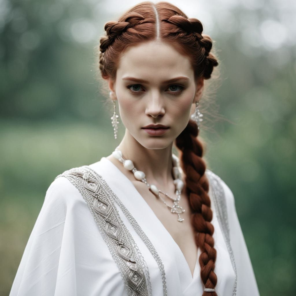 Woman in White Robes with Bone Charm Braids