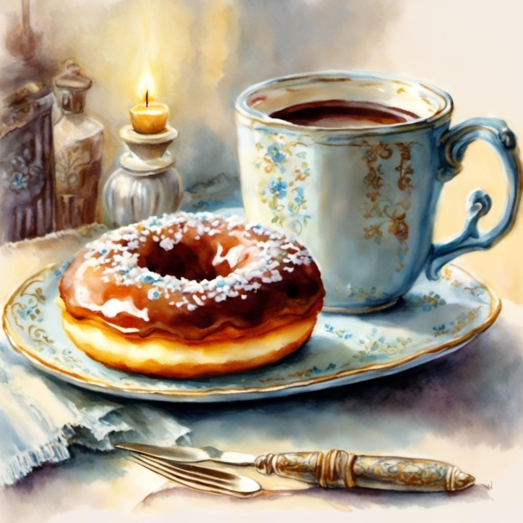 Appetizing Donut and Cocoa in Watercolor Style