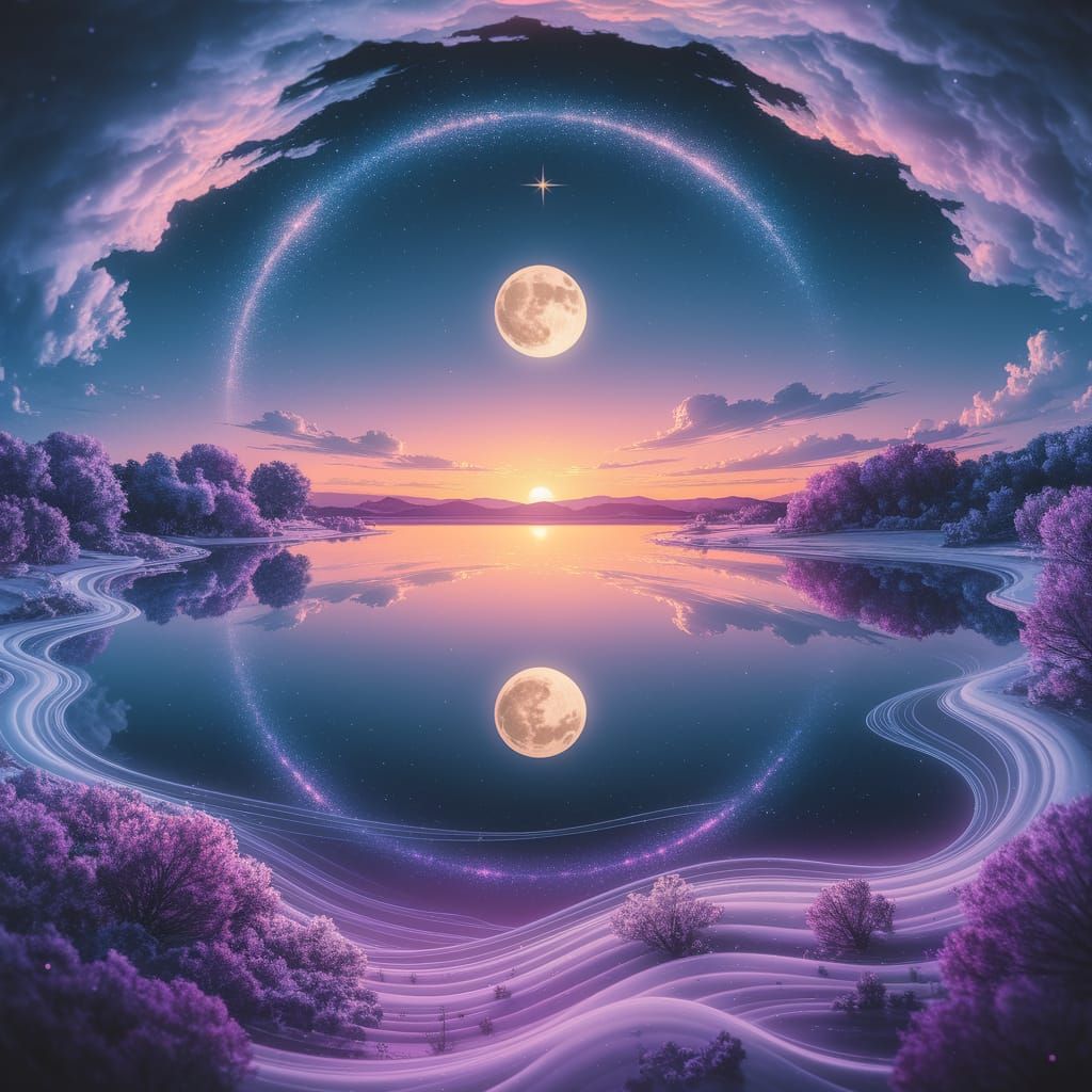 Ethereal Dreamscape with Glowing Moon and Scattered Stars