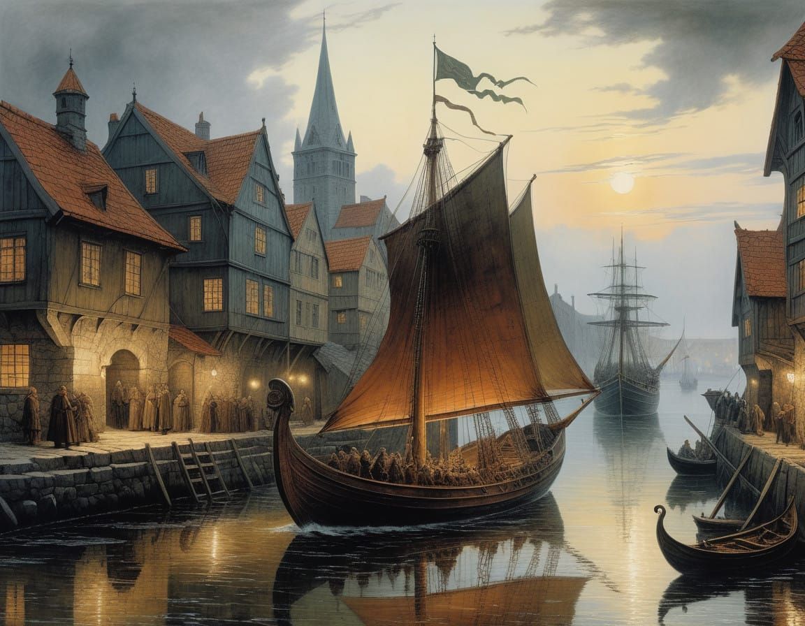 Viking Longship Navigates Bustling Medieval Port Scene