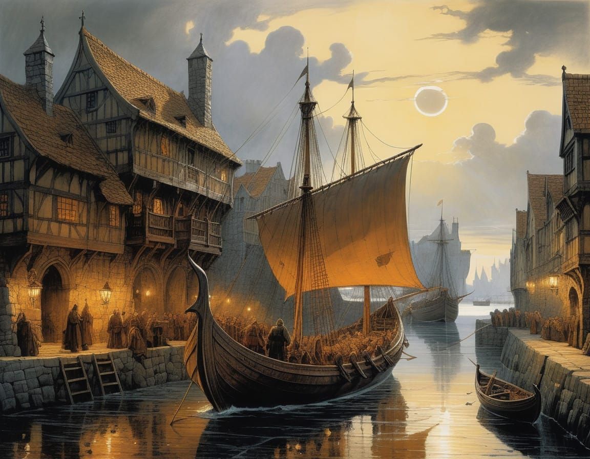 Viking Longship Approaching Medieval Port in Realistic, Atmo...