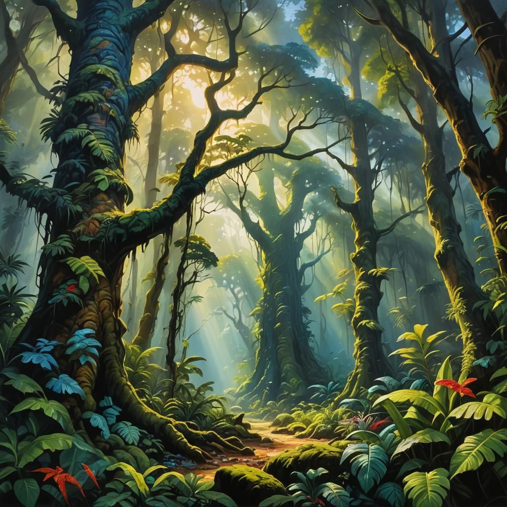 Brontiotrep in Prehistoric Forest: Oil Painting