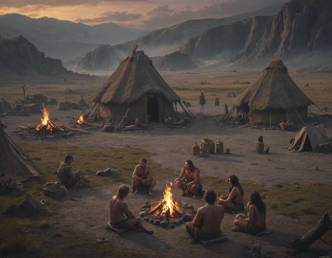 Prehistoric People Around Campfire with Mammoth: Digital Art