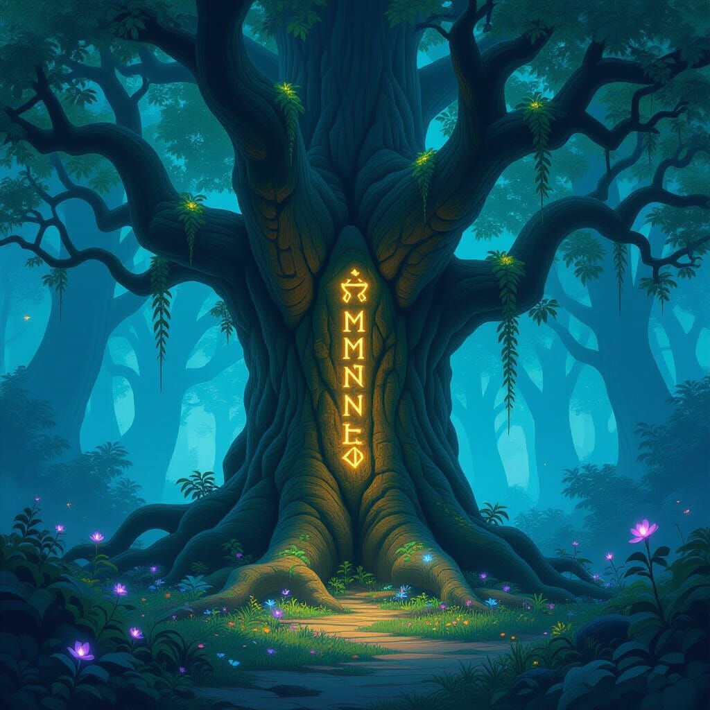 Ancient Tree With Glowing Runes in Mystical Forest