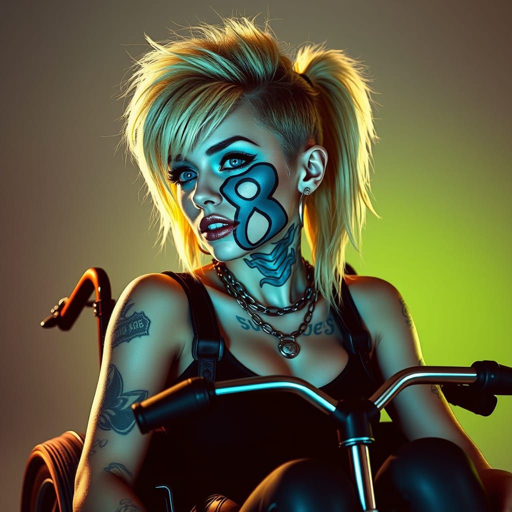 Electric Wheelchair Goddess with 8 Tattoo in Vibrant Punk St...