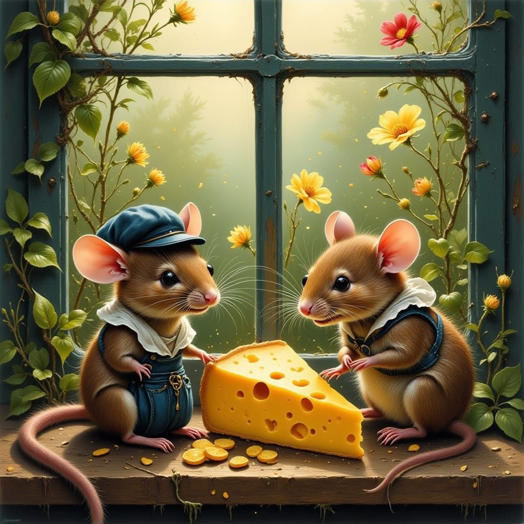 Whimsical Mice Share Cheese in Enchanted Garden Scene
