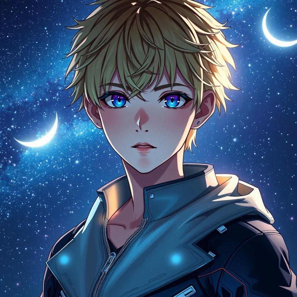 anime portrait of a boy with messy blonde hair and piercing blue eyes