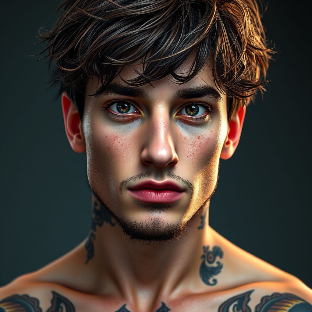 Tall, Tattooed Man with Unruly Brunette Hair and Hazel Eyes