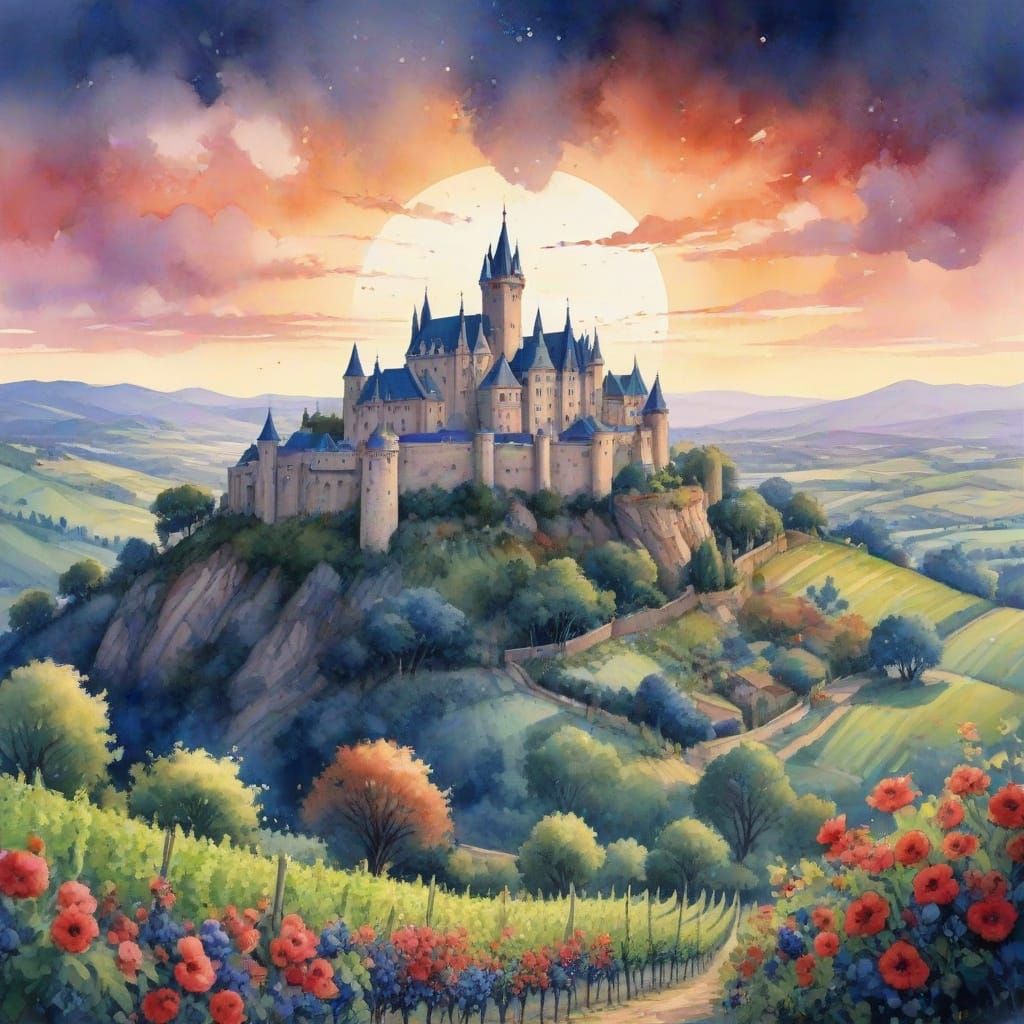 Medieval Castle Amidst Vibrant Vineyards and Flower Gardens