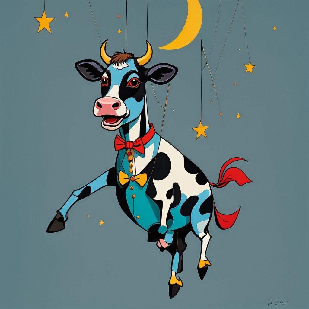 Cubist Cow Jumps Moon in Fantasycore Style
