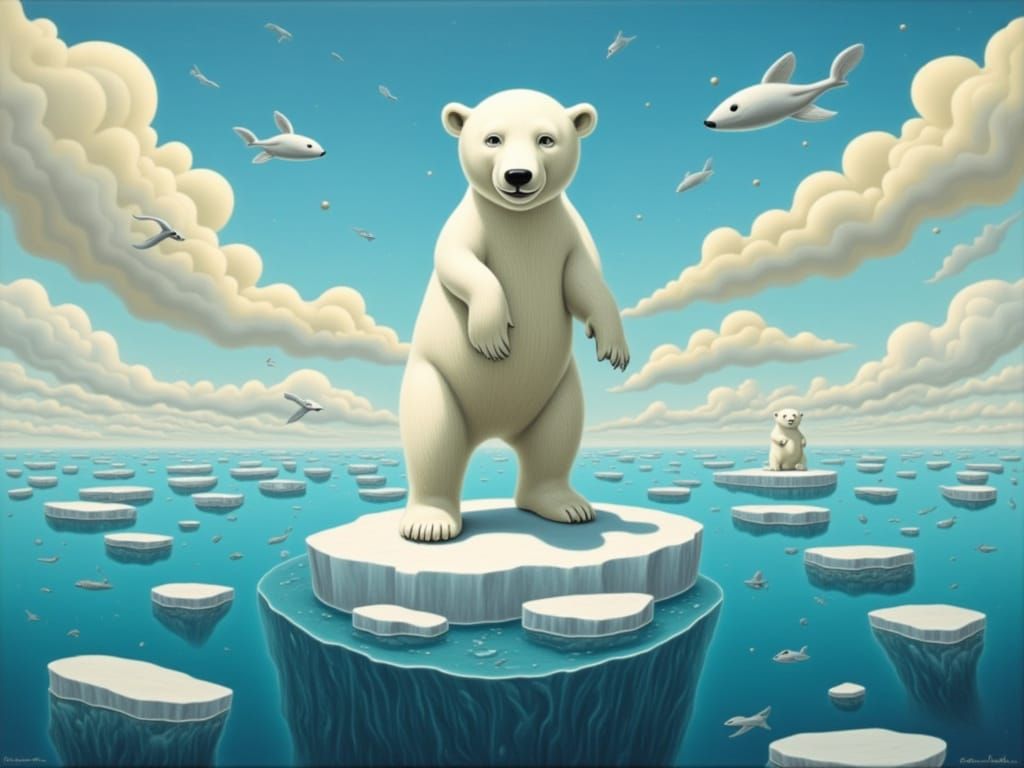 Surreal Polar Bear Dances on Melting Iceberg in Whimsical Ba...