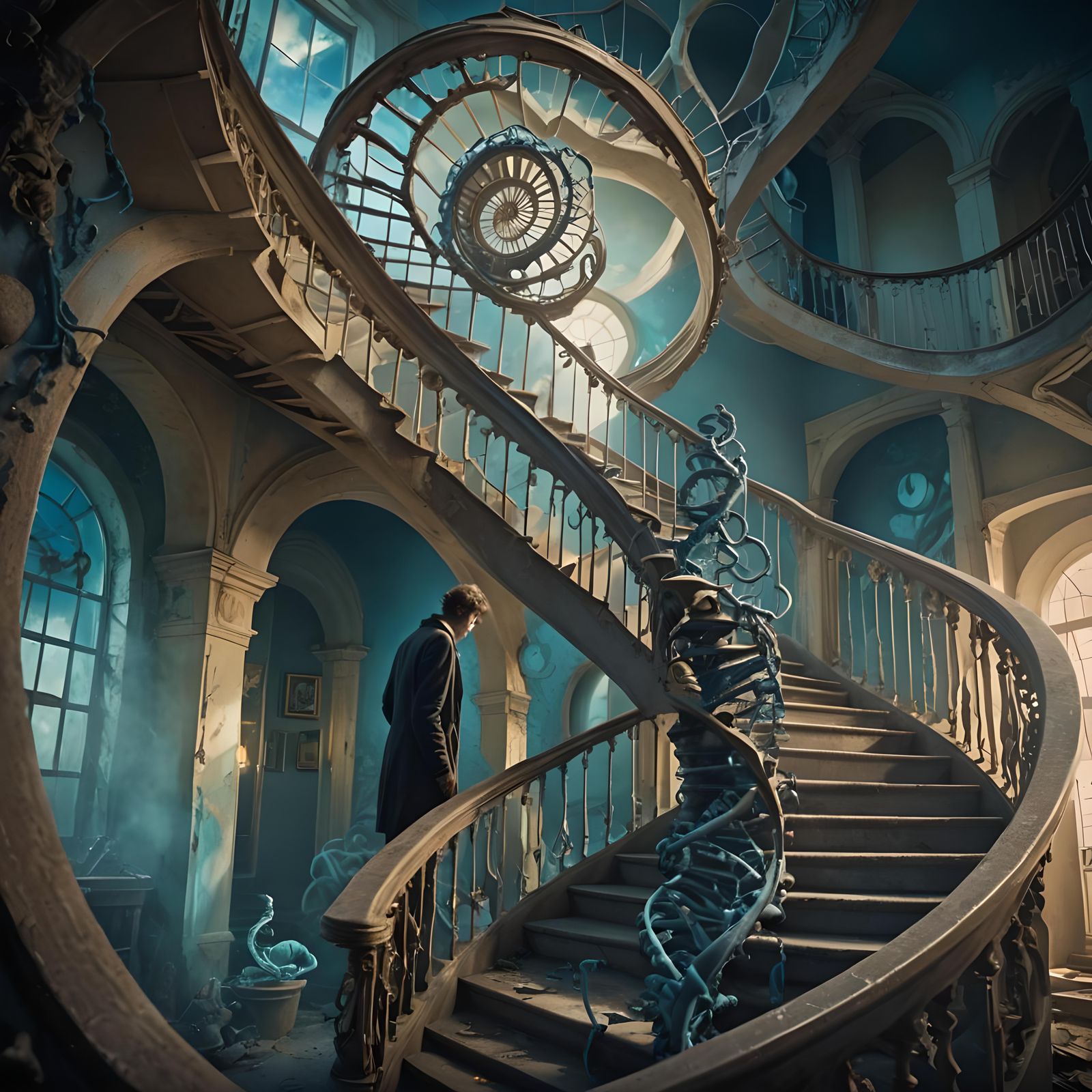 Melancholy Staircase with DNA Helix in Matte Painting