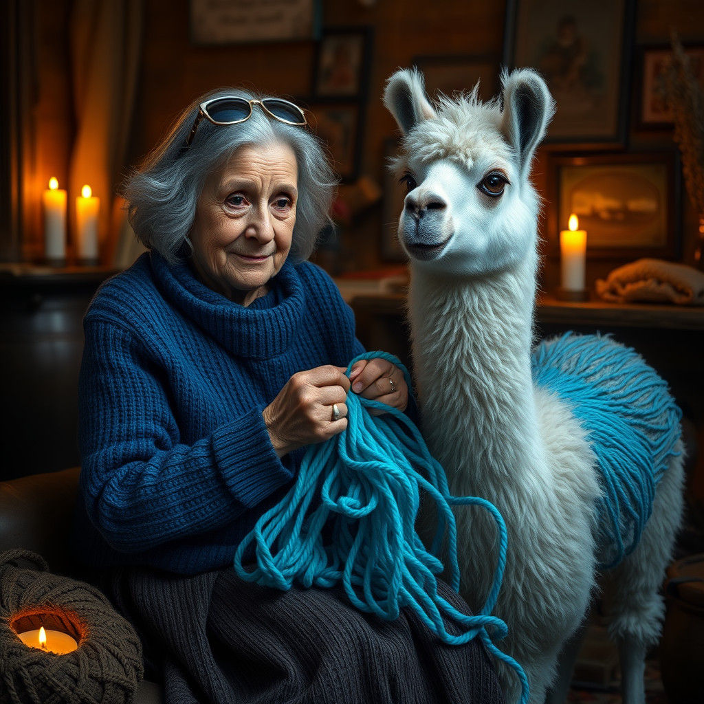 Elderly Woman Knitting with Llama Yarn: Fantasy Art