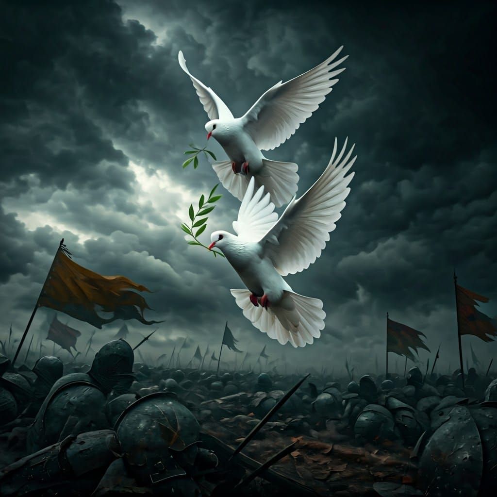 Doves in Flight Above a War-Torn Battlefield in HDR