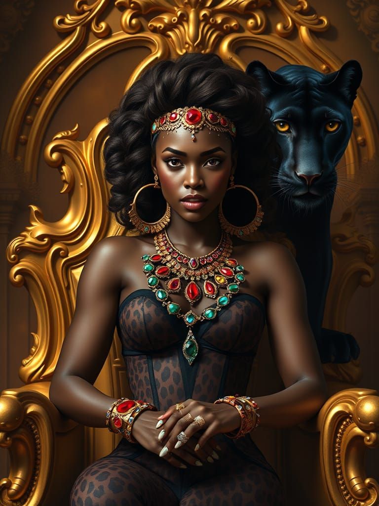 Regal Woman on Throne with Black Panther, Opulent Fantasy Ar...