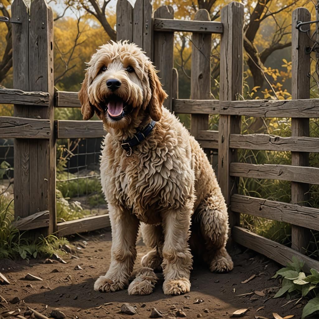 Fluffy Goldendoodle Escaping Pen: Matte Painting