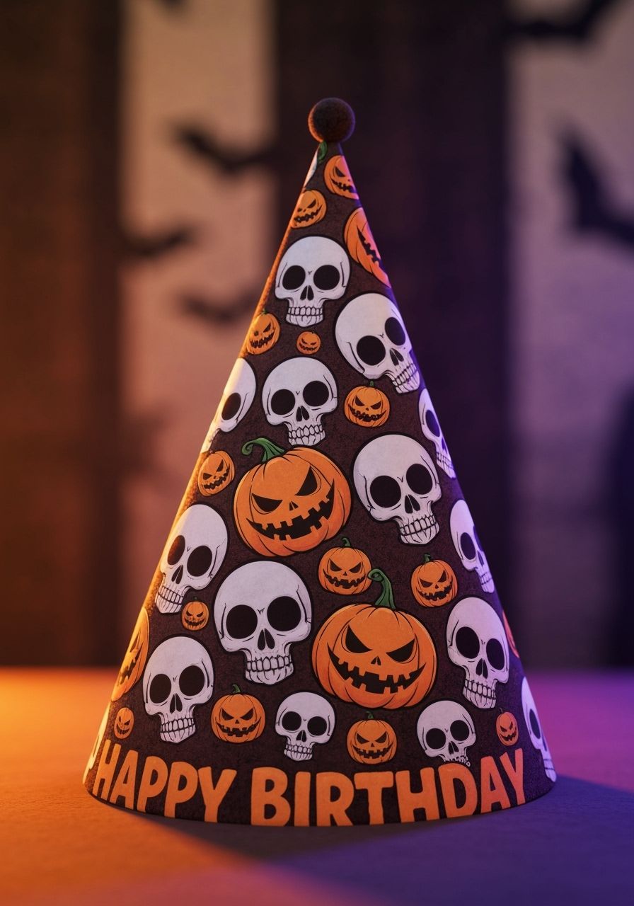 Spooky Birthday Hat Illustration with Skulls and Pumpkins