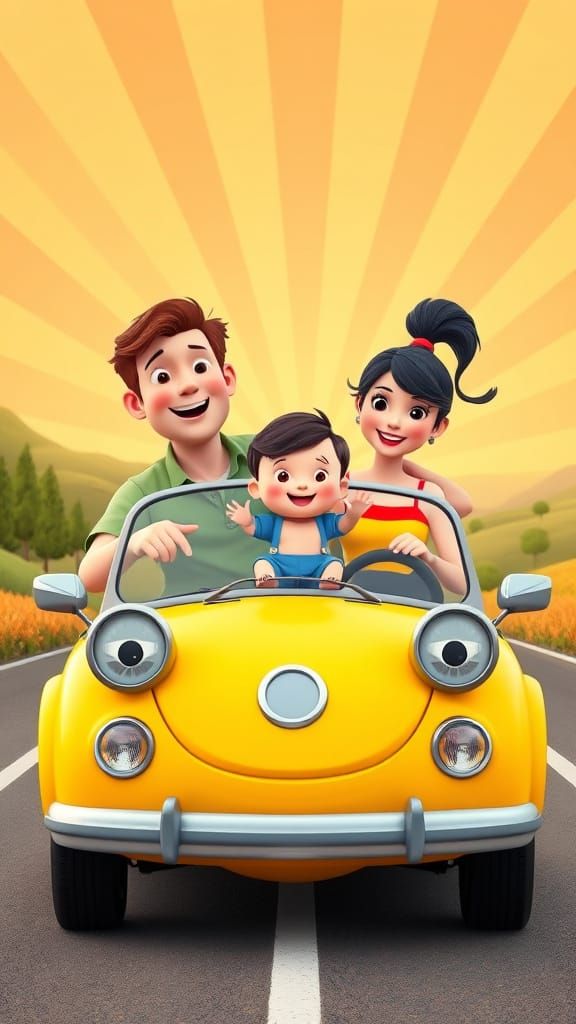Family Road Trip in Cute Cartoon Car: 3D Illustration