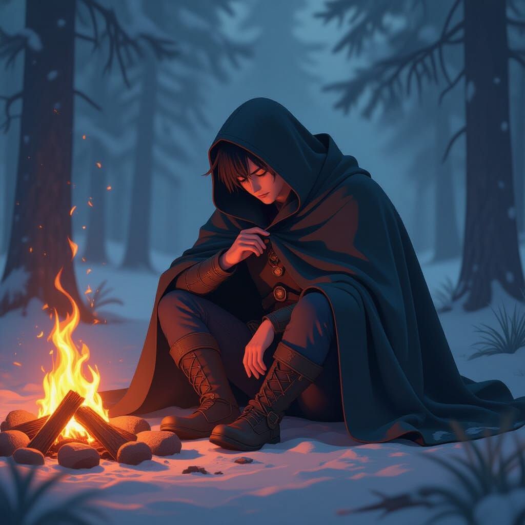 Cloaked Figure by Campfire: Cinematic 3D Anime Art