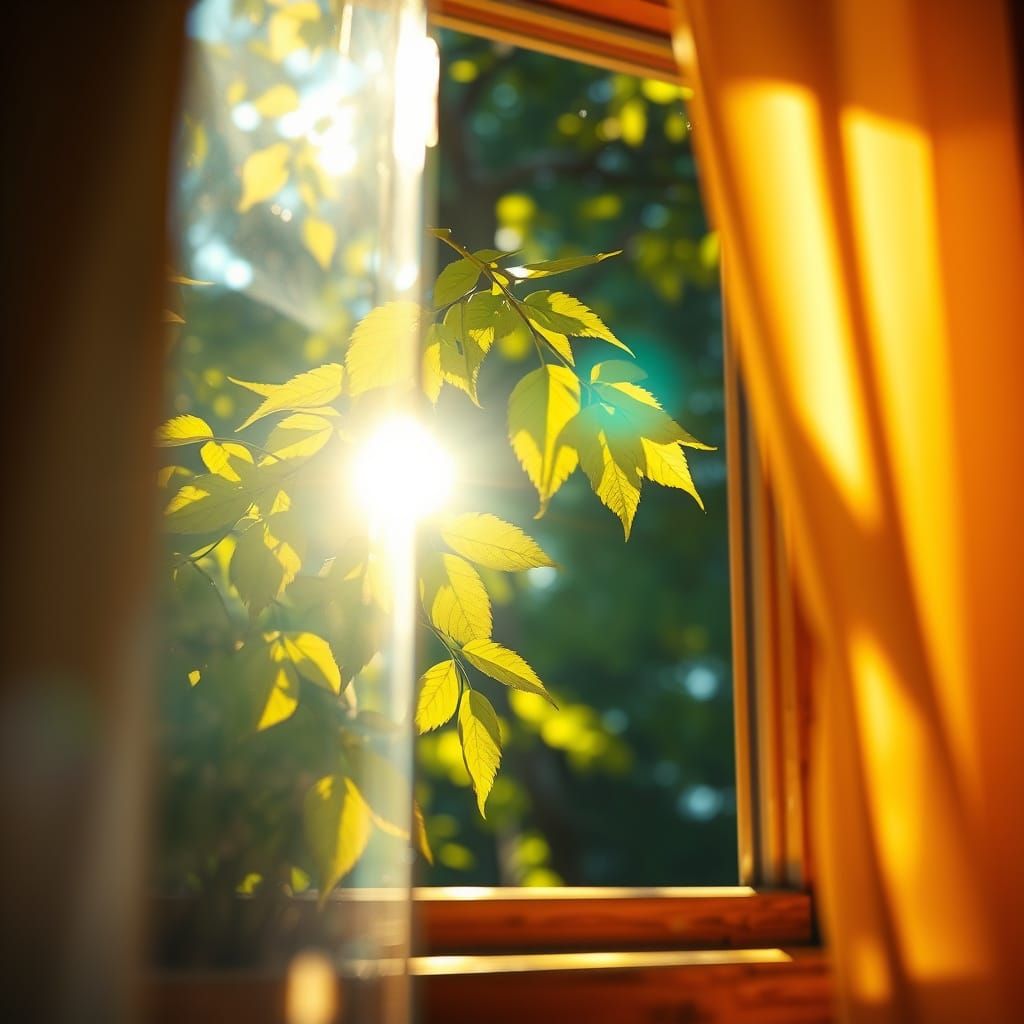 Sun-Flecked Leaves Through Hyperrealistic Window