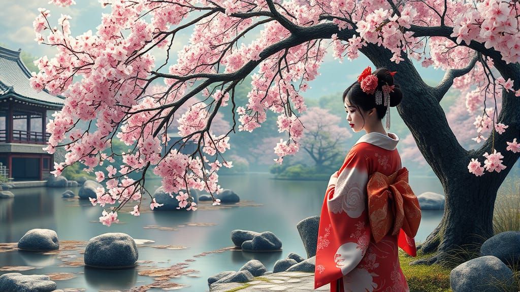 Ethereal Geisha Amidst Cherry Blossoms in a Serene Asian Gar...