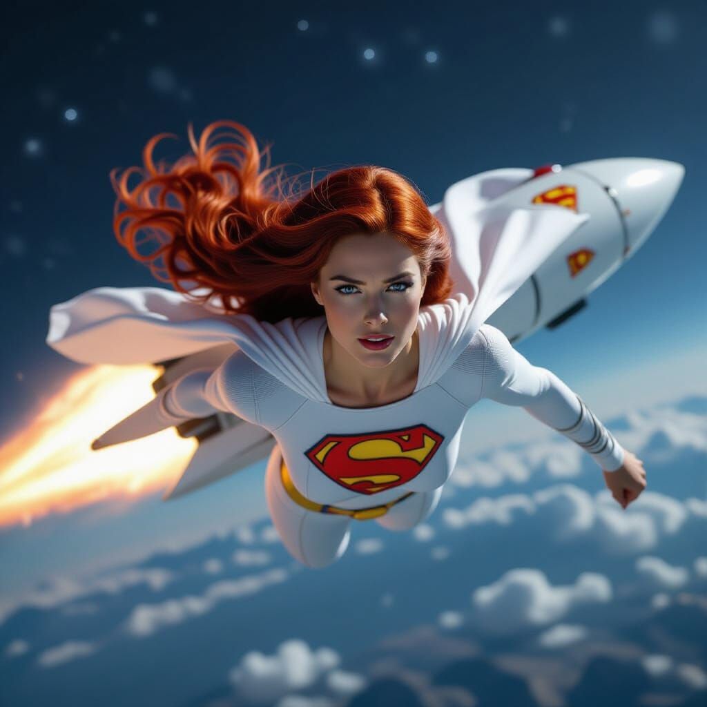 Super-Girl Flying Rocket into Space in Cinematic Style