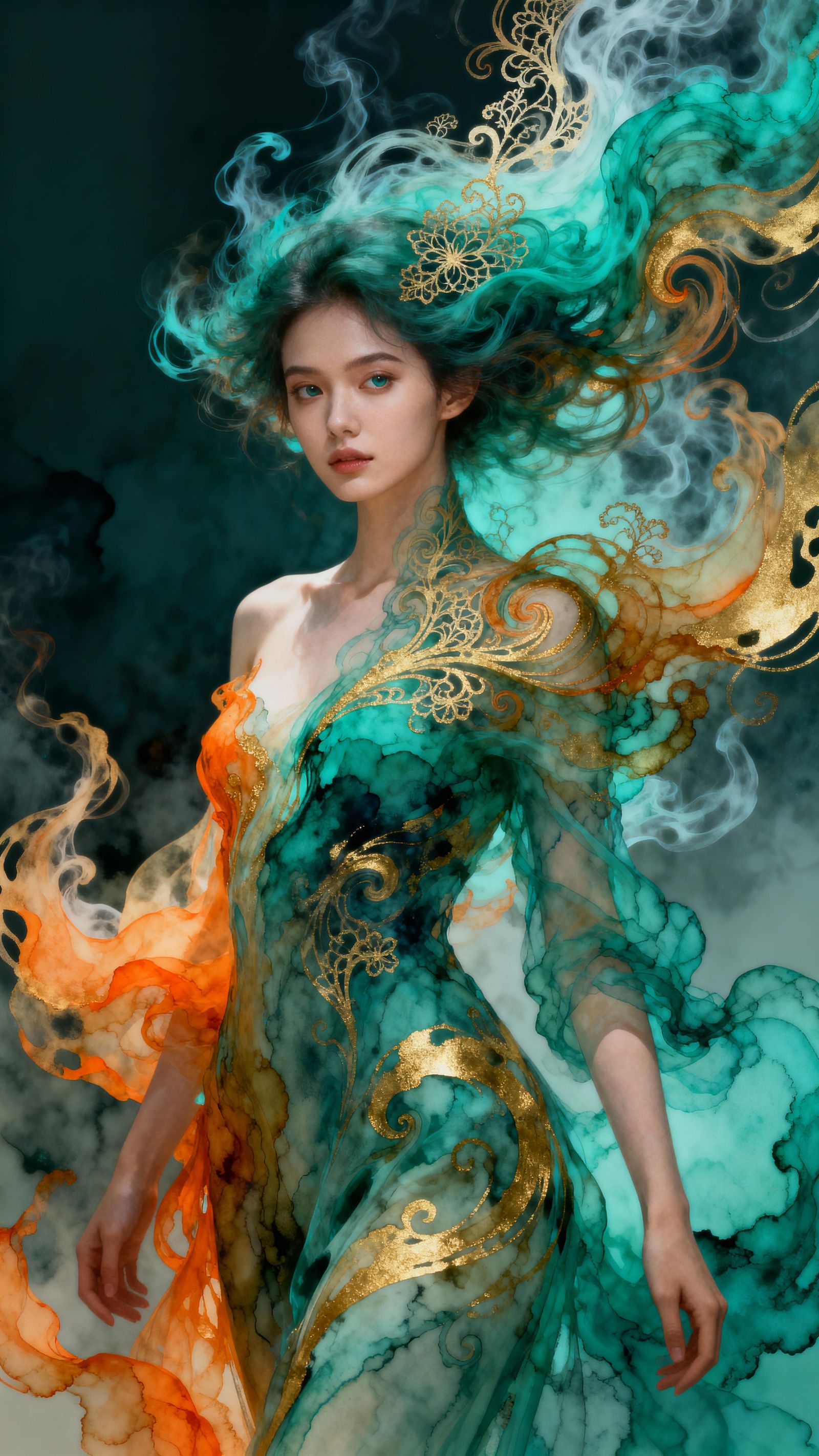Ethereal Woman with Fractal Hair in Fluid Art Style